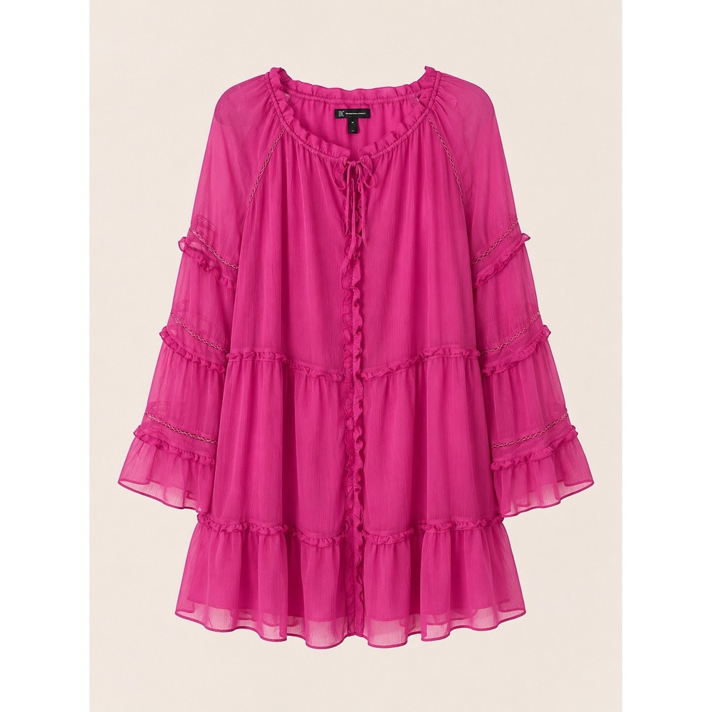 INC International Concepts Pink Boho‎ Ruffle Tiered Dress M Flowy Sleeve Mini